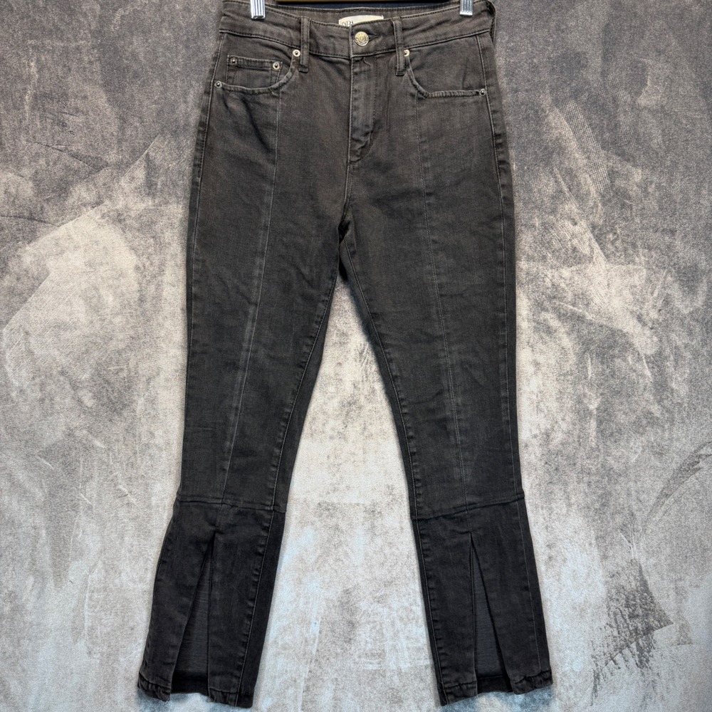 ZARA Jeans Womens 4 Black Cotton The Olivia Slim High Rise Slit Hem Casual Denim